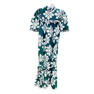 Vintage 70s Hawaiian Muumuu Style Size  M to L Midi Dress Green White Ruffle Bow